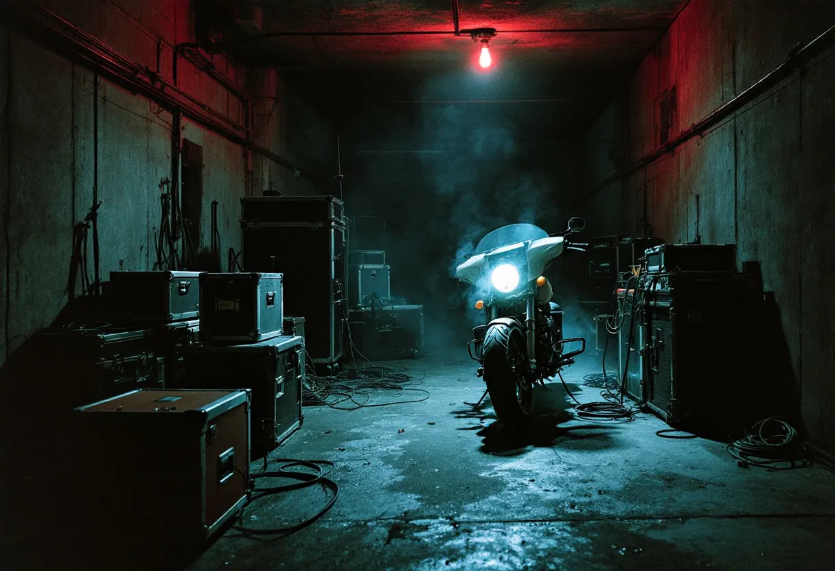 Road cases and a motorcycle backstage under a red bulb